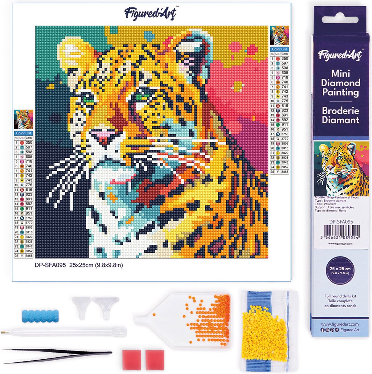 FiguredArt Mini Diamond Painting set Volwassenen 25x25 cm Luipaard Abstracte Pop-Art - 5D DIY Art full drill ronde diamant - Opgerold canvas